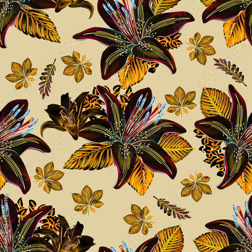 Seamless pattern lily flower with leaves neon colored design