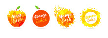 Fresh Apple, Mango, Lemon And Orange Juice Logo Set Design. Orange, Yellow And Red Splash Drops, Bubbly Labels On White Background. Papaya, Avocado, Lime And Soda Creative Vector Illustration 