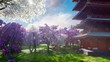 A sakura blooms in spring on the background of mountains, Japanese temple and fields of flowers. Travel and adventure, amazing spring landscape. 3D Rendering