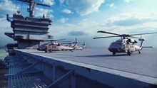 Military Helicopters Blackhawk Take Off From An Aircraft Carrier At Clear Day In The Endless Blue Sea. 3D Rendering