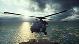 Military helicopter Blackhawk lands on an aircraft carrier in the endless blue ocean. 3D Rendering