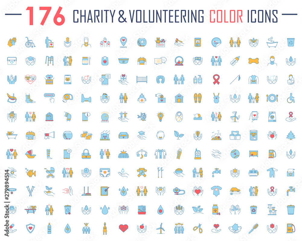 Charity and volunteering color icons big set. Fundraising, philanthropy, humanitarian help, human care. Social responsibility, charitable organization, social welfare. Isolated vector illustrations - obrazy, fototapety, plakaty 