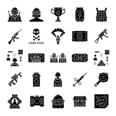 Poster - online game inventory glyph icons set. virtual video game. shooter from first person. online multipl