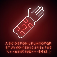 Sticker - Cricket arm guard neon light icon. Body protection for batsman. Arm pad on hand. Protective clothing. Sport equipment. lowing sign with alphabet, numbers and symbols. Vector isolated illustration