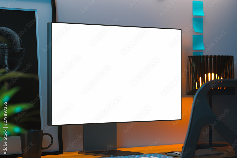 Black realistic pc with big blank white monitor, photo frame and blank ...