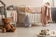 Cute Plush Toys And Pink Blankets In Cozy Bedroom Interior For Twin Girls With Two Cribs And Bedside Cabinets. Real Photo