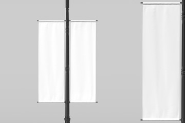 Wall Mural - Blank white roll up mockup. Empty poster template on lamppost on white background. Street sign, signage, 3d rendering.