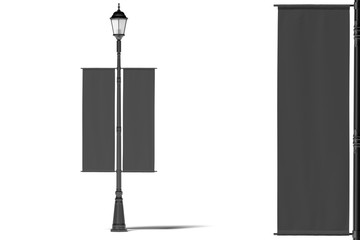 Wall Mural - Blank black roll up mockup. Empty poster template on lamppost on white background. Street sign, signage, 3d rendering.