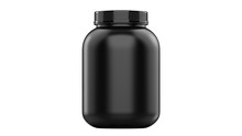 Super realistic 3d illustration sport nutrition container without label. Whey protein and mass gainer black plastic jar isolated on white background