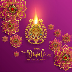 Wall Mural - Diwali, Deepavali or Dipavali the festival of lights india with gold diya patterned and crystals on paper color Background.