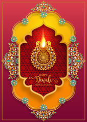 Wall Mural - Diwali, Deepavali or Dipavali the festival of lights india with gold diya patterned and crystals on paper color Background.