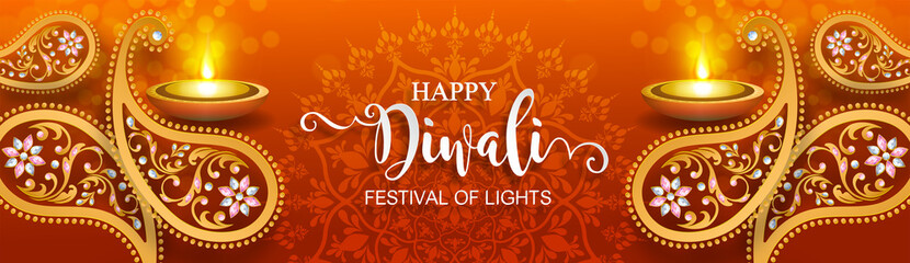 Diwali, Deepavali or Dipavali the festival of lights india with gold diya patterned and crystals on paper color Background.