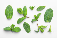Fresh Green Mint Leaves On White Background, Top View