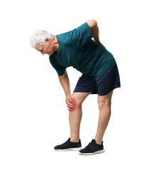 Poster - Full length portrait of senior man having knee problems on grey background