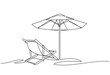 Continuous line drawing of beach umbrella and chairs. summer vacation concept. Coast of the sea, umbrella, chaise longue. Summer background illustration for beach holiday isolated on white background.