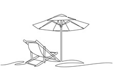Continuous Line Drawing Of Beach Umbrella And Chairs. Summer Vacation Concept. Coast Of The Sea, Umbrella, Chaise Longue. Summer Background Illustration For Beach Holiday Isolated On White Background.