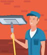 © djvstock - worker cleaning man broom vector ilustration