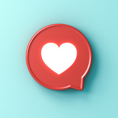Poster - 3d social media notification neon light love like heart icon in red rounded square pin isolated on light blue green pastel color  wall background with shadow 3D rendering