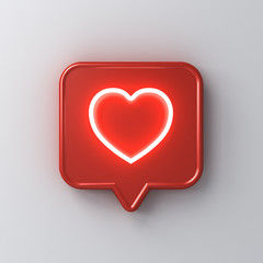 Poster - 3d social media notification neon light love like heart icon in red rounded square pin isolated on white wall background with shadow 3D rendering