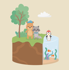 Sticker - cute and little raccoon with bear and penguin in the field