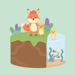 Sticker - cute and little ducks and fox in the field