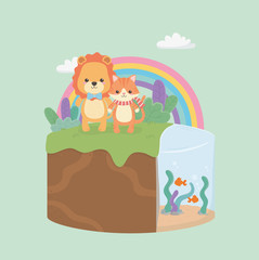 Sticker - cute and little cat and lion n the field