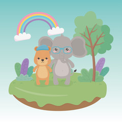 Sticker - cute and little bear teddy and elephant in the field