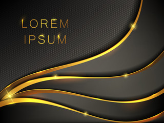 Poster - Abstract black gold metallic wavy banner realistic vector illustration. Black matte background and waves or curved lines of yellow golden metal with a radiant shine, design pattern