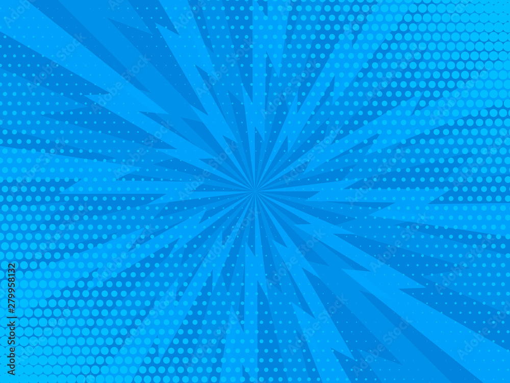 Comic Light Rays Blue Comic rays blue dots background. Vector illustration in pop art style ...
