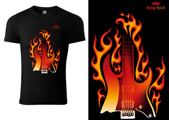 Black T-shirt with Motif of Burning Electric Guitar - Design Illustration for Rock Fans, Vector Graphic