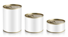 Set Of Metal Tin Cans With Blank Labels, Isolated On White Background