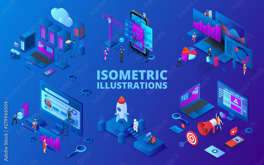 Set of isometric illustrations. Startup, digital marketing, seo analysis and cloud technology. Dark blue background. - obrazy, fototapety, plakaty 