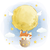 Cute Fox and Bunny Flying with Moon Air Balloon