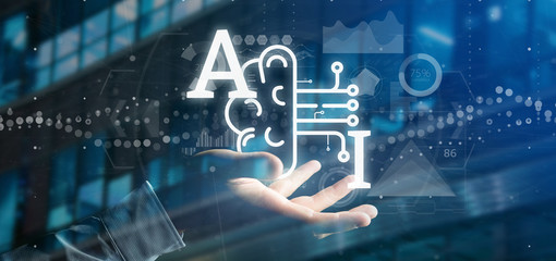 Poster - business man holding artificial intelligence icon with half brain and half circuit 3d rendering