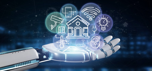 Poster - cyborg holding smart home interface with icon, stats and data 3d rendering
