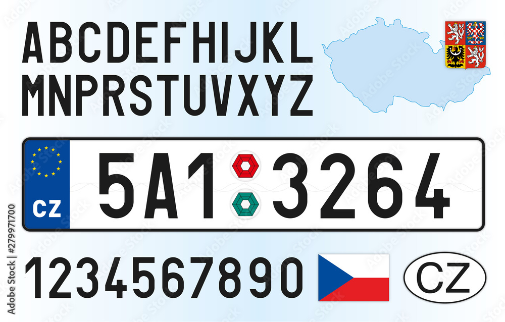 Czech Republic car license plate, letters, numbers and symbols, vector illusttration, European Union - obrazy, fototapety, plakaty 