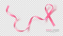 Breast Cancer Awareness Month. Pink Color Ribbon Isolated On Transparent Background. Vector Design Template For Poster.