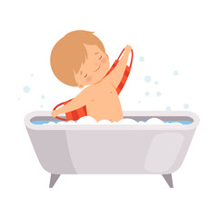 Sticker - Boy Washing Himself in Bathtub with Shampoo Foam, Adorable Little Kid in Bathroom, Daily Hygiene Vector Illustration