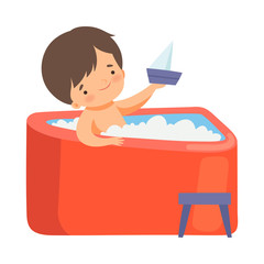 Sticker - Cute Little Boy Taking Bath and Playing with Boat in Bathtub Full of Foam, Adorable Kid in Bathroom, Daily Hygiene Vector Illustration