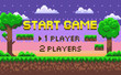 © robu_s - Start game page decoration by trees and bushes, grass and underground view, cloudy sky and steps, 1 player or 2 players choosing, pixel screen vector. Pixelated 8 bit video-game