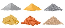 Construction Material Piles. Gypsum And Sand, Crushed And Stones, Red Bricks And Wooden Planks Heaps Isolated Vector Set. Industrial Plywood, Panel And Pile Of Bricks And Sand Illustration