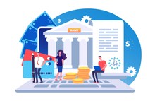 Online Bank Agreement. Loan Contract, Online Bill Payment Vector Concept With Tiny People, Bank Building, Credit Card And Money. Illustration Of E-banking Payment, Online Banking