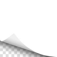 Wall Mural - Sheet of white paper with curled lower left corner, soft shadow and transparent background under it. Element with space for text, ad and other aims. Template paper design. Vector illustration.