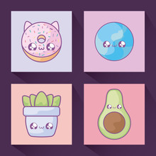 Donut With Avocado And Set Icons Kawaii Style