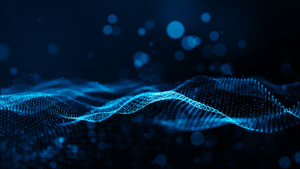 Poster - Blue color digital particles wave flow cyberspace abstract technology background concept