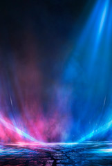Wall Mural - wet asphalt, neon light reflected on a wet surface, smoke, smog. the lights of the night city.