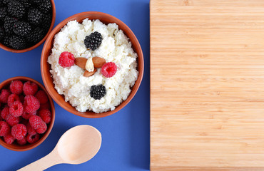 Wall Mural - Cottage cheese in a bowl on a blue background top view