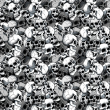 Vector Seamless Pattern With Human White Skulls On A Black Background. Line Art  In Tattoo  Style. Background For Halloween.