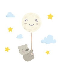 Cute bear is flying in a moon balloon cartoon flat vector illustration for kids. Perfect for t-shirt print, nursery textile, kids wear fashion design, baby shower invitation card.