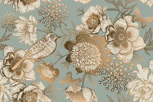Seamless Pattern With Peonies, Bird And Butterflies. Vintage.
